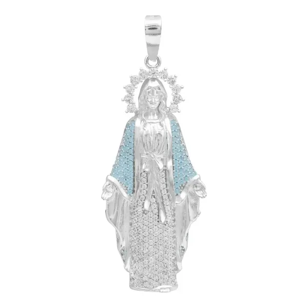 Dije Medalla Plata .925 Virgen Milagrosa Zirconia Celeste - Imagen 1