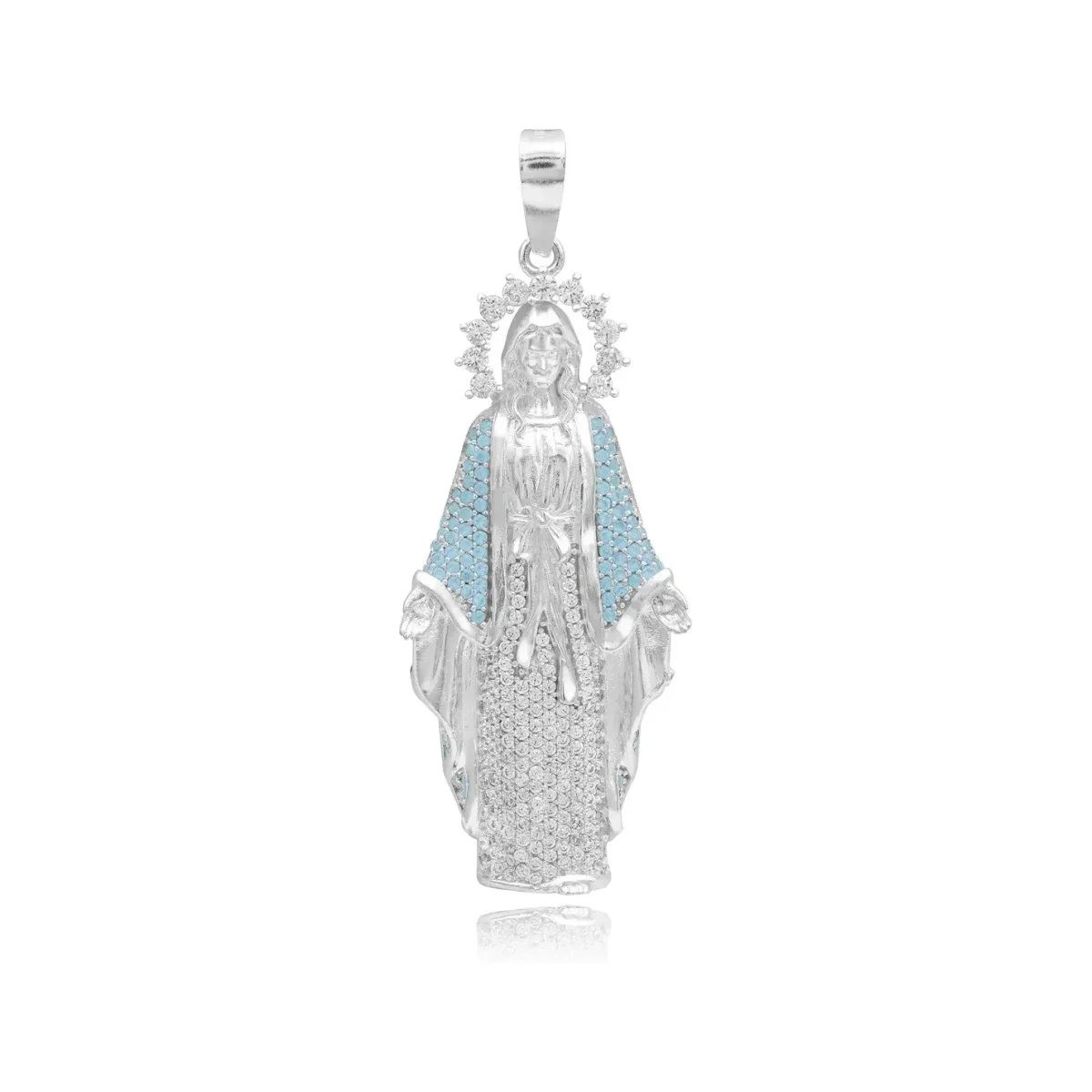 Dije Medalla Plata .925 Virgen Milagrosa Zirconia Celeste - Imagen 2