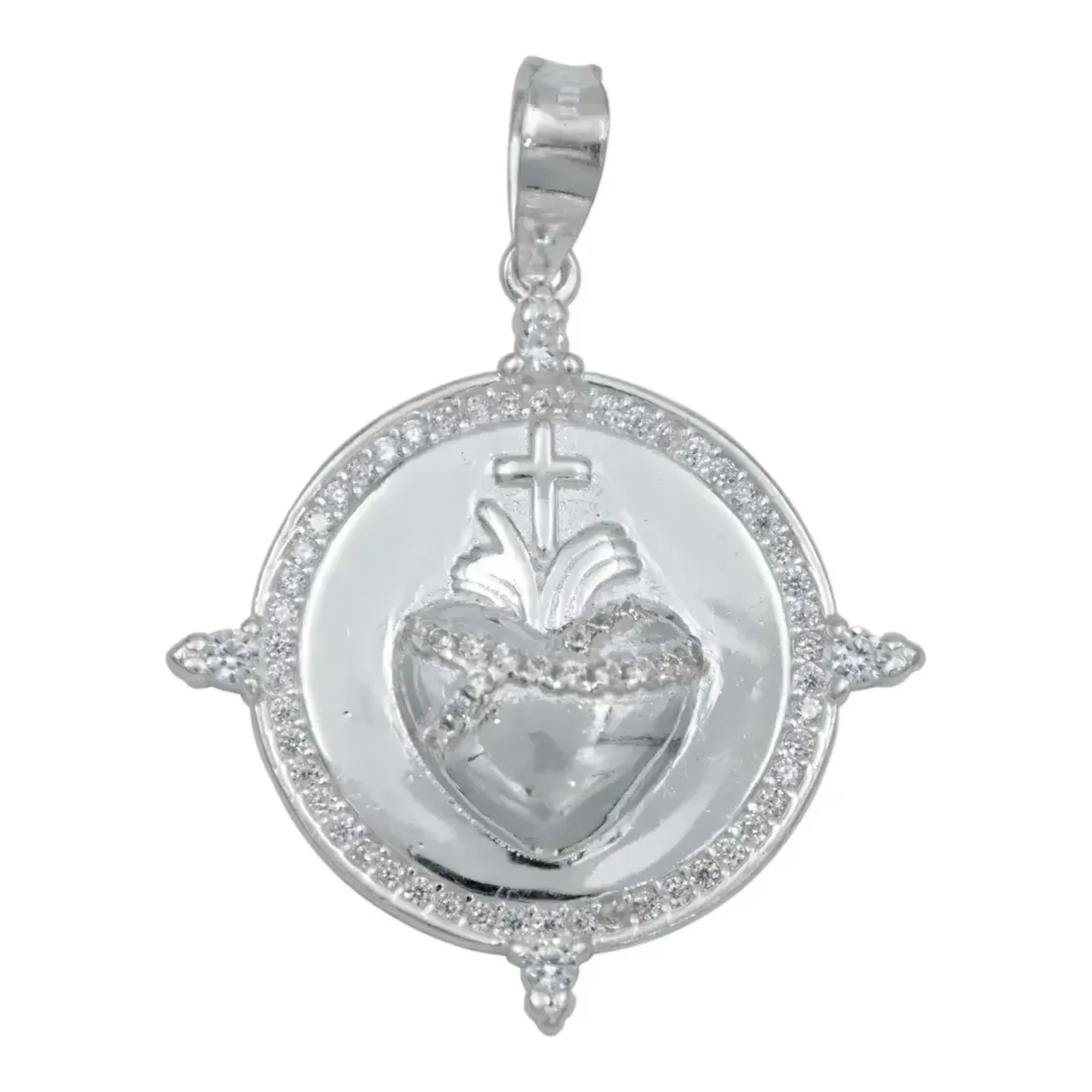 Dije medalla sagrado corazón de Jesús en plata .925 legítima, acabado liso con zirconia blanca brillante, joyería católica