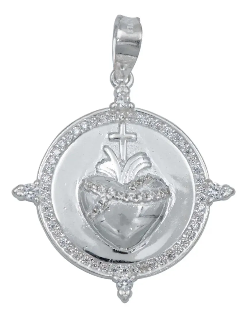 Dije medalla Sagrado Corazón de Jesús, Plata .925 con zirconia. Joyería espiritual de fe y protección, diseño brillante.