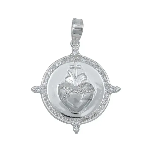 Dije Medalla Sagrado Corazón Plata 925 con Zirconia - Imagen 1