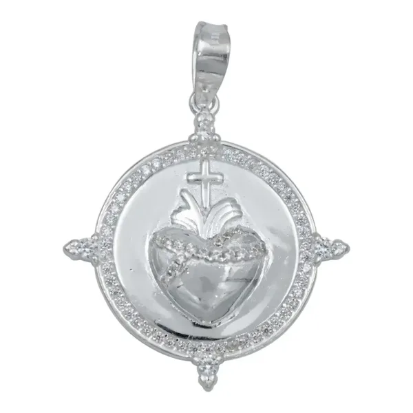 Dije Medalla Sagrado Corazón Plata 925 con Zirconia - Imagen 1