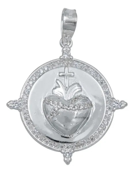 Dije Medalla Sagrado Corazón Plata 925 con Zirconia - Imagen 1