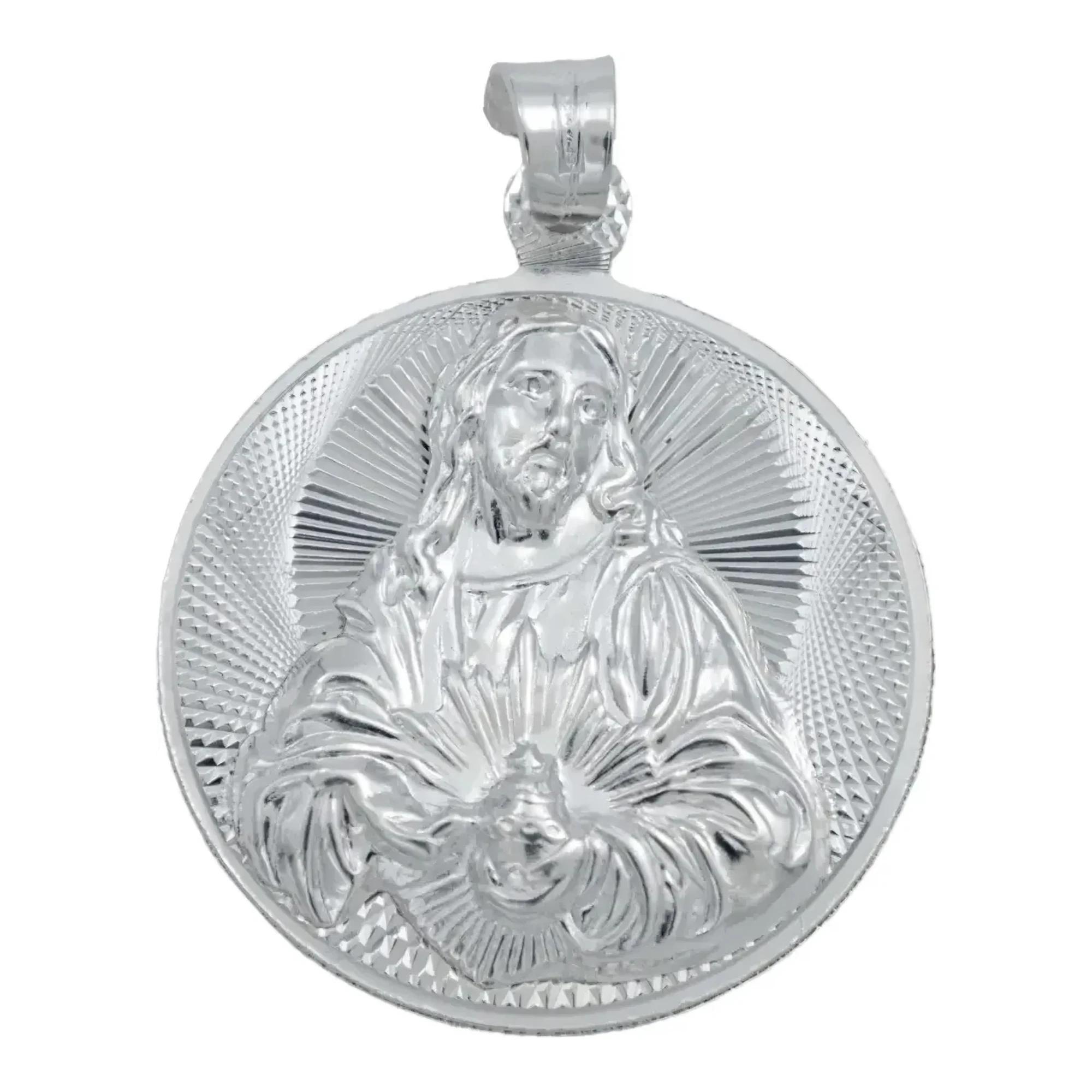 Dije medalla Sagrado Corazón de Jesús grande en plata .925 nacional diamantada con detalles devocionales en relieve brillante