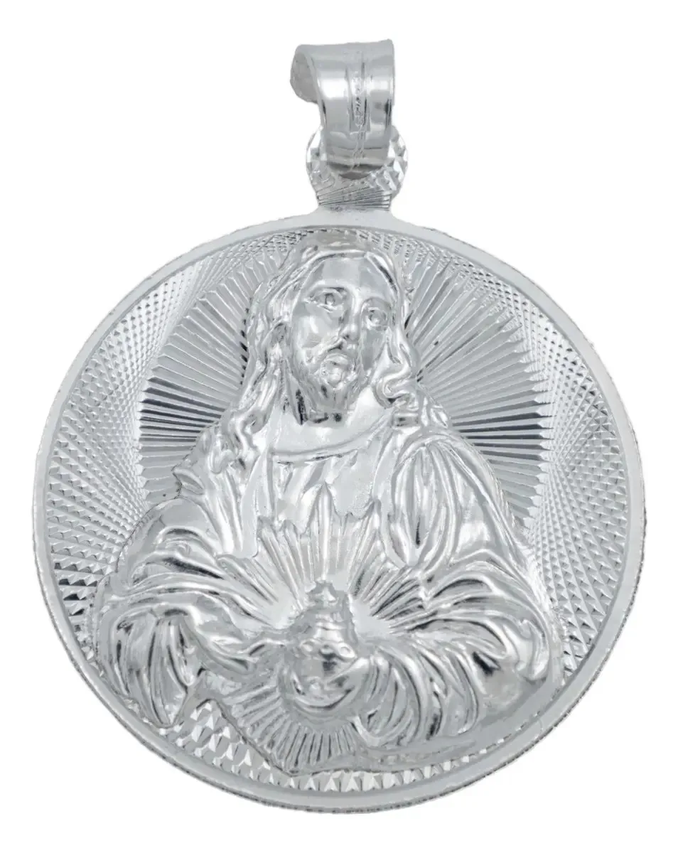 Dije Medalla Sagrado Corazón de Jesús grande, Plata .925 diamantada, brillo intenso. Joyería artesanal mexicana, símbolo de p