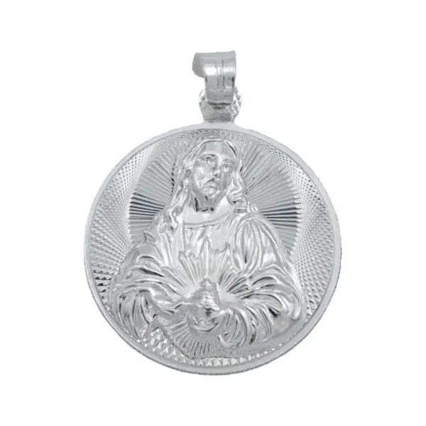 Dije Medalla Sagrado Corazón Plata 925 Diamantada Grande - Imagen 1