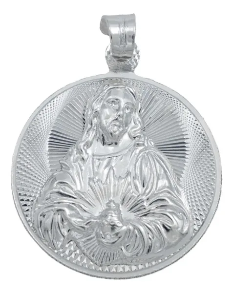 Dije Medalla Sagrado Corazón Plata 925 Diamantada Grande - Imagen 1