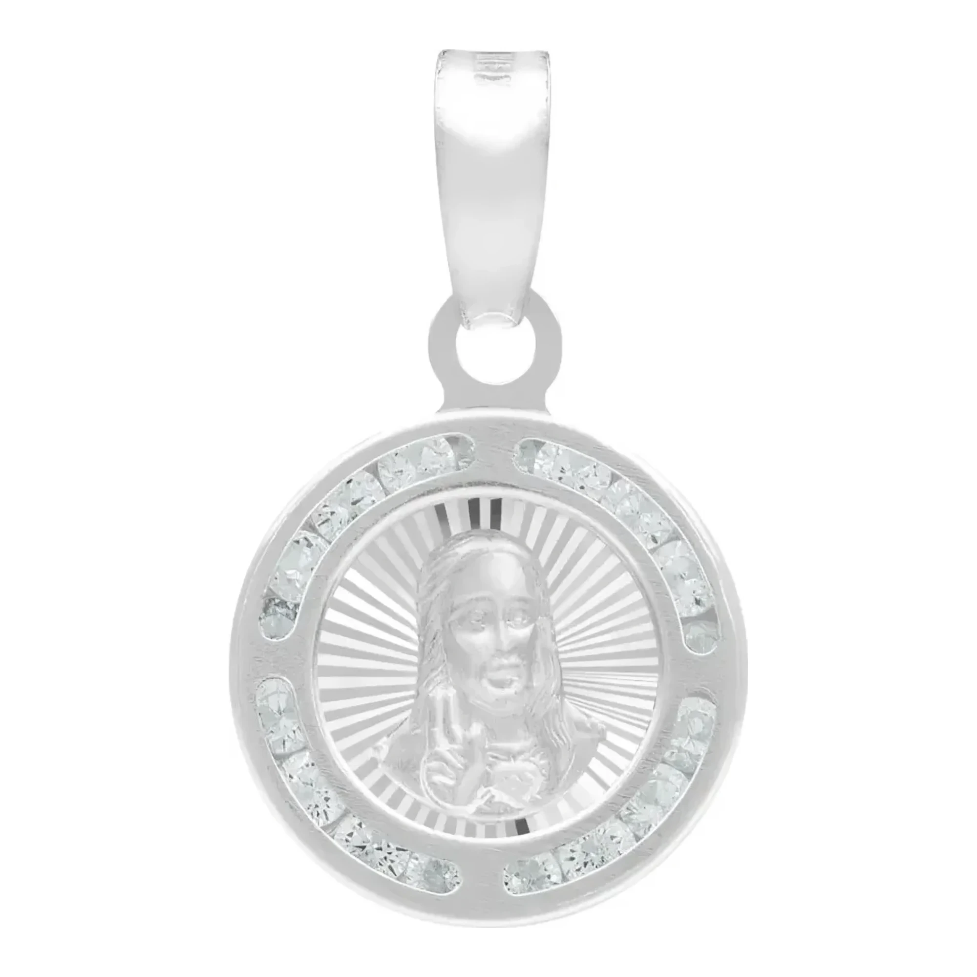 Dije medalla Sagrado Corazón en plata .925 con zirconia blanca incrustada, broche perico y acabado liso brillante.