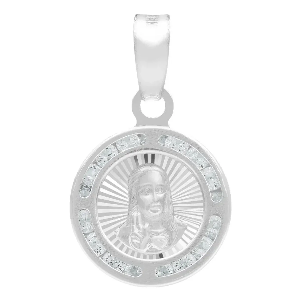 Dije Medalla Sagrado Corazón de Jesús Plata .925 Zirconia Blanca. Joyería católica, dije de protección con significado.
