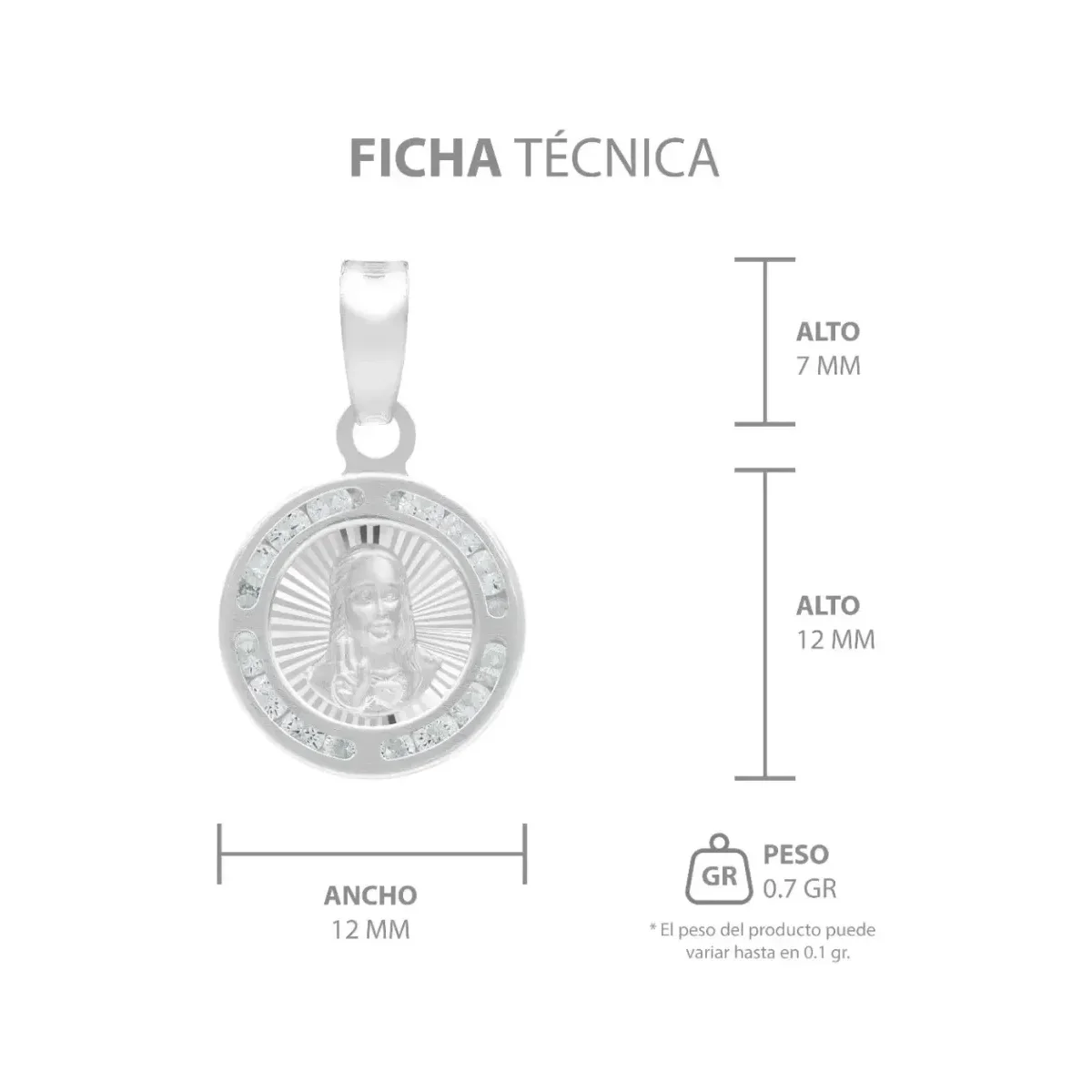 Dije Medalla Sagrado Corazón Plata .925 Zirconia Blanca - Imagen 6