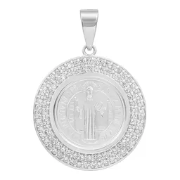 Dije Medalla San Benito Doble Halo Plata fina 999 con Zirconia - Imagen 1