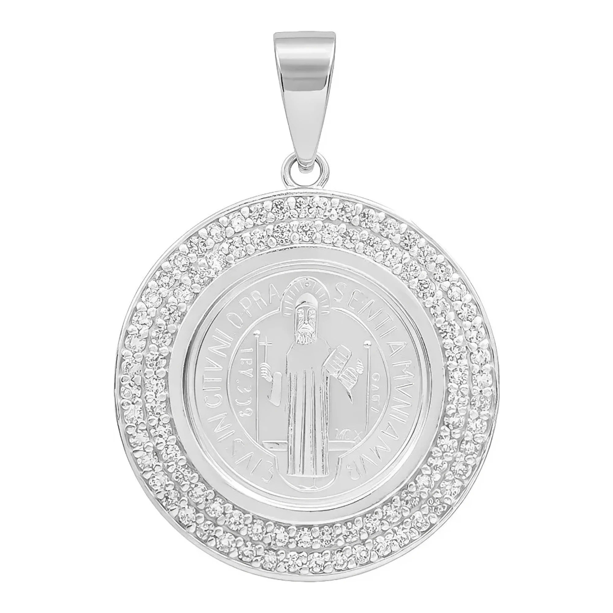 Dije medalla San Benito doble halo plata pura ley 999 acabado espejo circonias engarzadas proteccion contra el mal Joyaris