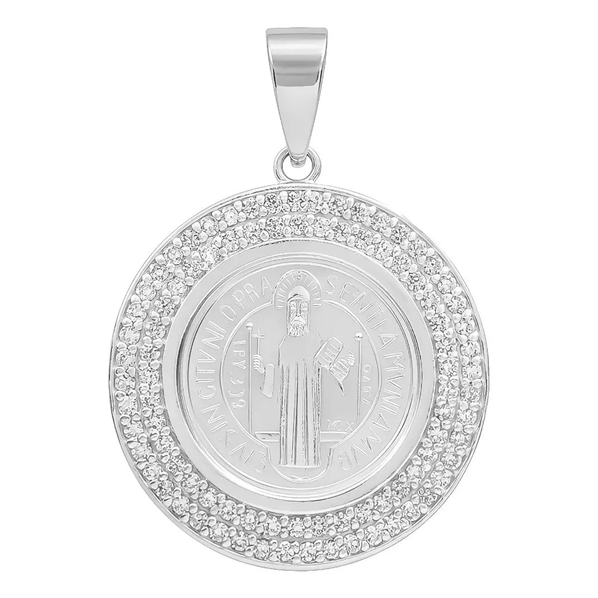Dije Medalla San Benito Doble Halo Plata Fina 999 con Zirconia, joya católica mexicana de Taxco. Colgante protección, regalo