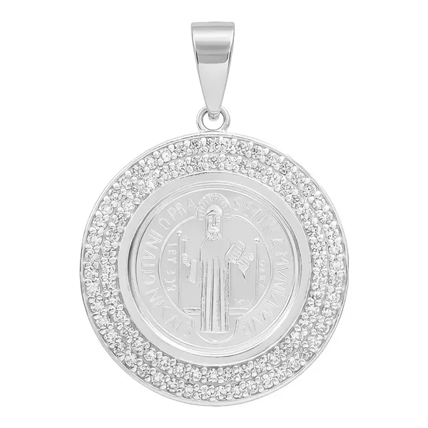 Dije Medalla San Benito Doble Halo Plata fina 999 con Zirconia - Imagen 1