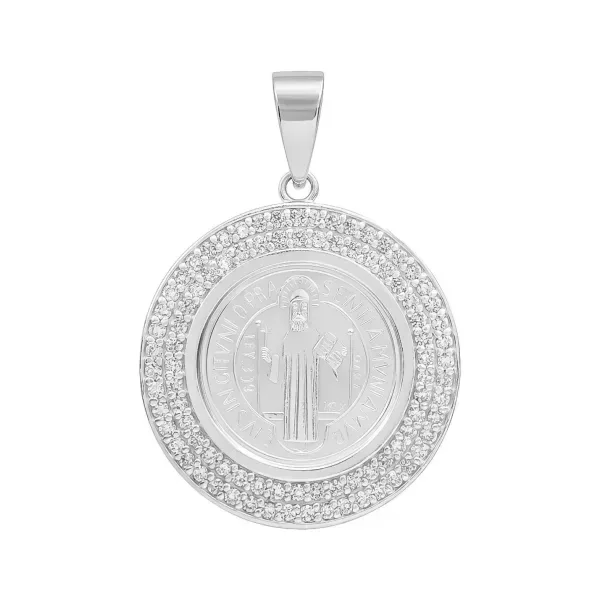 Dije Medalla San Benito Doble Halo Plata fina 999 con Zirconia - Imagen 1