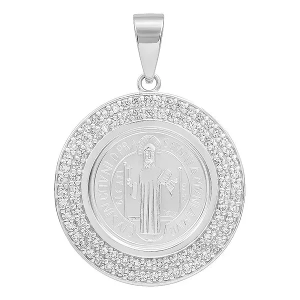 Dije Medalla San Benito Doble Halo Plata fina 999 con Zirconia - Imagen 1
