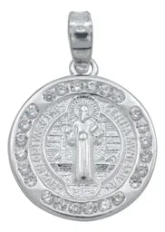 Dije Medalla San Benito Doble Vista Plata 925 con Zirconia - Imagen 1