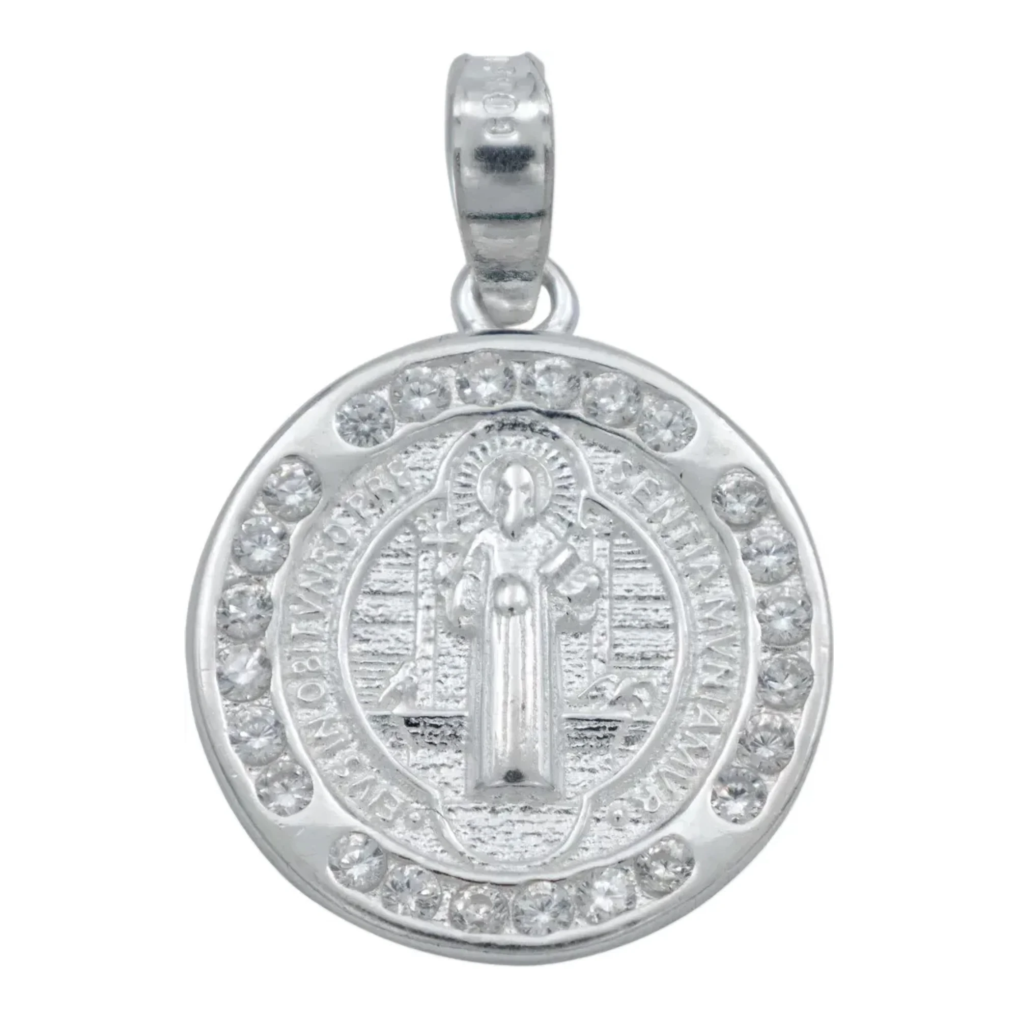 Dije medalla San Benito doble vista en plata .925 nacional con zirconias brillantes, amuleto redondo de protección de 10 mm