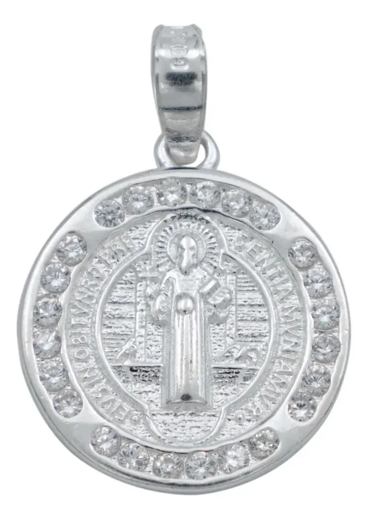 Dije Medalla San Benito doble vista, plata ley .925 con zirconia brillante. Joyería artesanal mexicana, dijes religiosos de p
