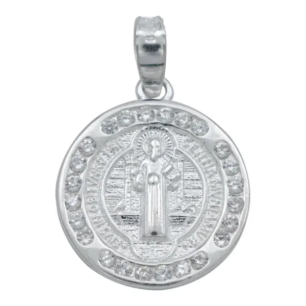 Dije Medalla San Benito Doble Vista Plata 925 con Zirconia - Imagen 1