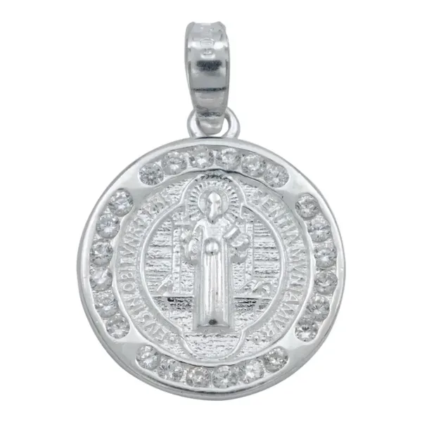 Dije Medalla San Benito Doble Vista Plata 925 con Zirconia - Imagen 1