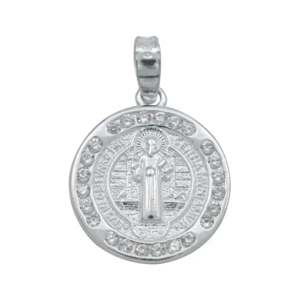 Dije Medalla San Benito Doble Vista Plata 925 con Zirconia - Imagen 1