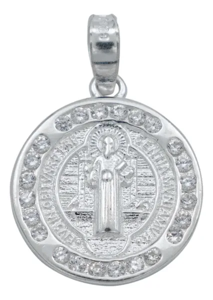 Dije Medalla San Benito Doble Vista Plata 925 con Zirconia - Imagen 1