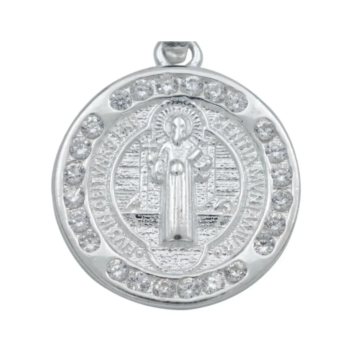 Dije Medalla San Benito Doble Vista Plata 925 con Zirconia - Imagen 2