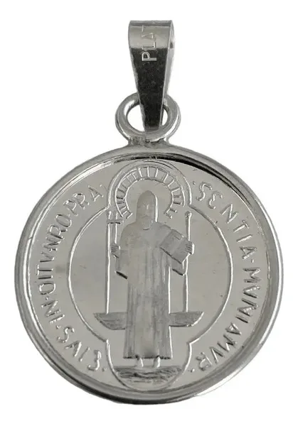 Dije Medalla San Benito Grande Plata .999 con Zirconia - Imagen 1