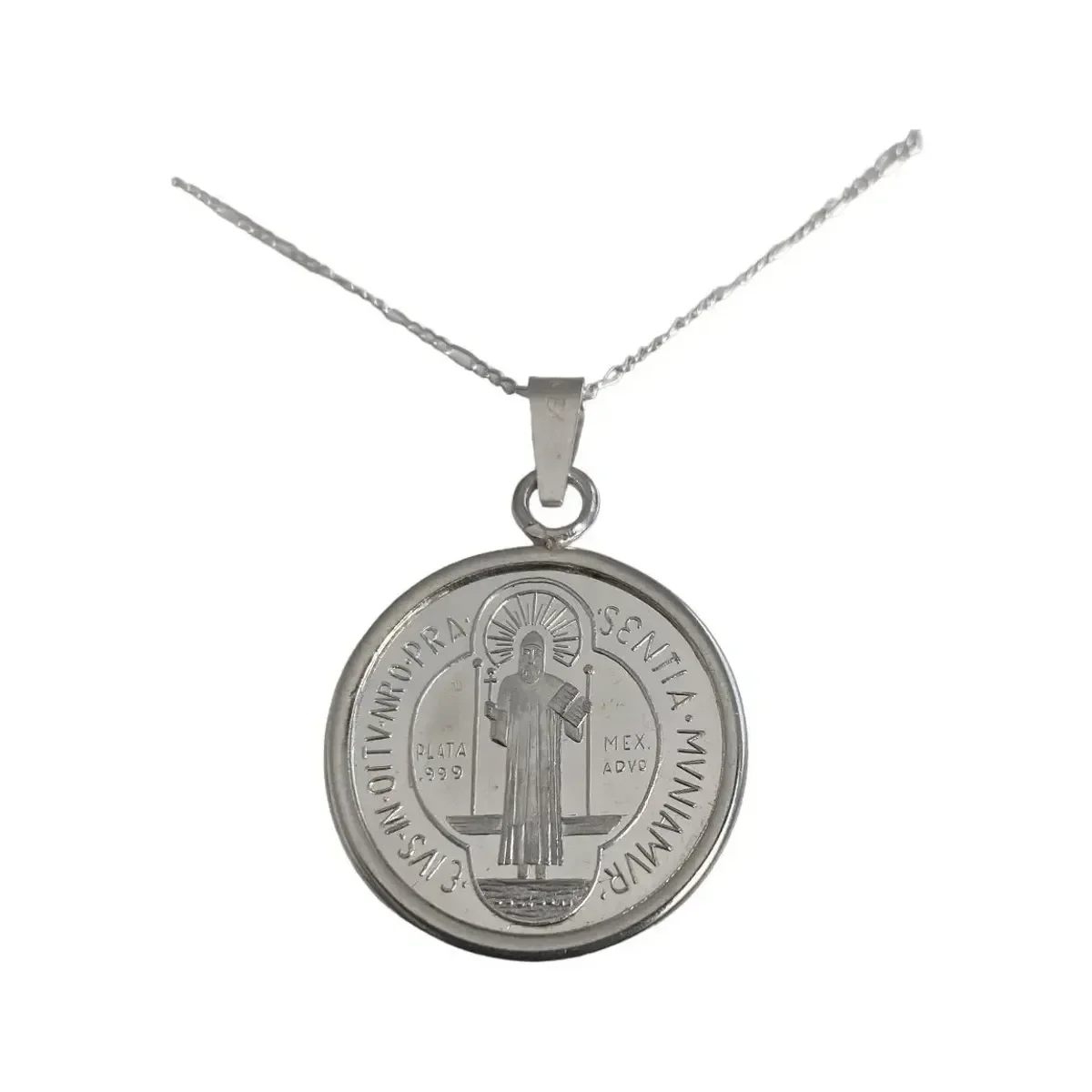 Dije Medalla San Benito Grande Plata .999 con Zirconia - Imagen 3