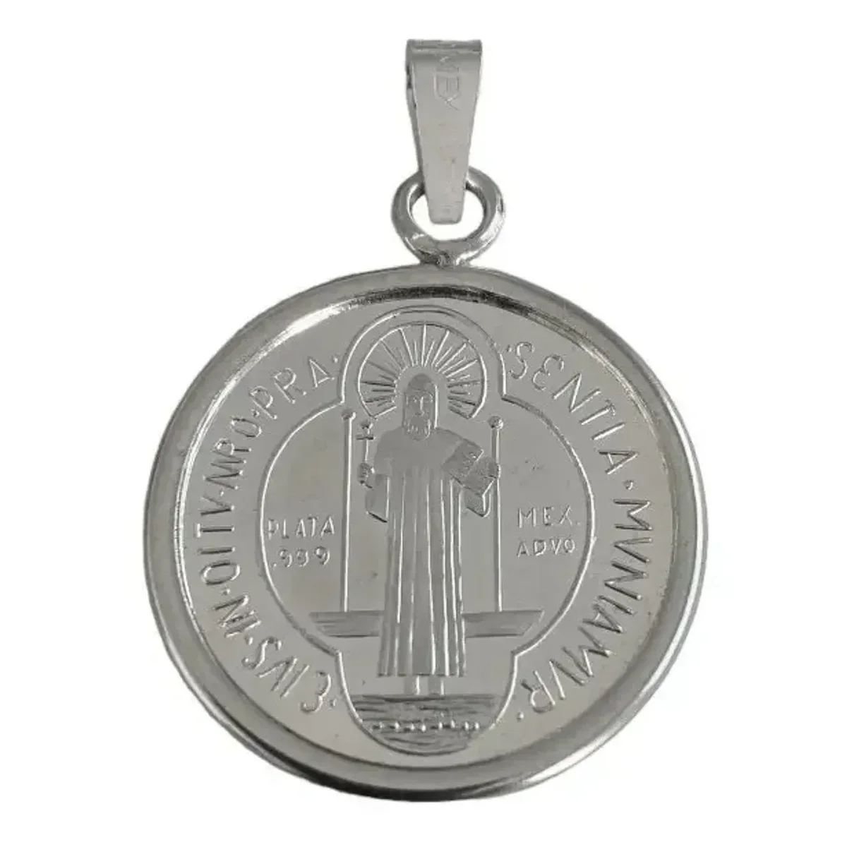 Dije Medalla San Benito Mediana Plata .999 con Zirconia - Imagen 1
