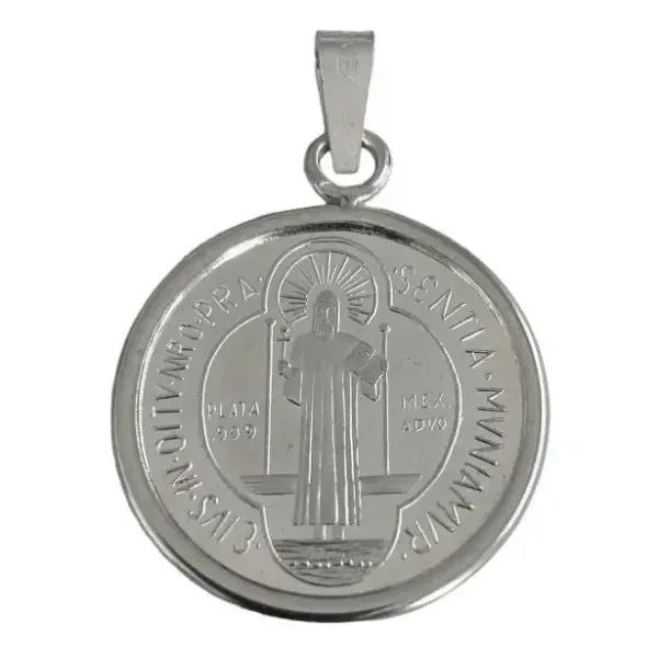 Dije Medalla San Benito Mediana Plata .999 con Zirconia - Imagen 1