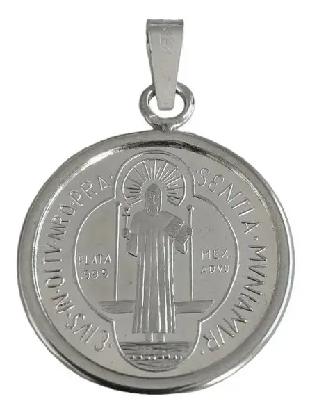 Dije Medalla San Benito Mediana Plata .999 con Zirconia - Imagen 1