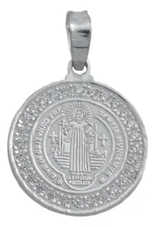 Dije Medalla San Benito Oración Plata 925 con Zirconia - Imagen 1