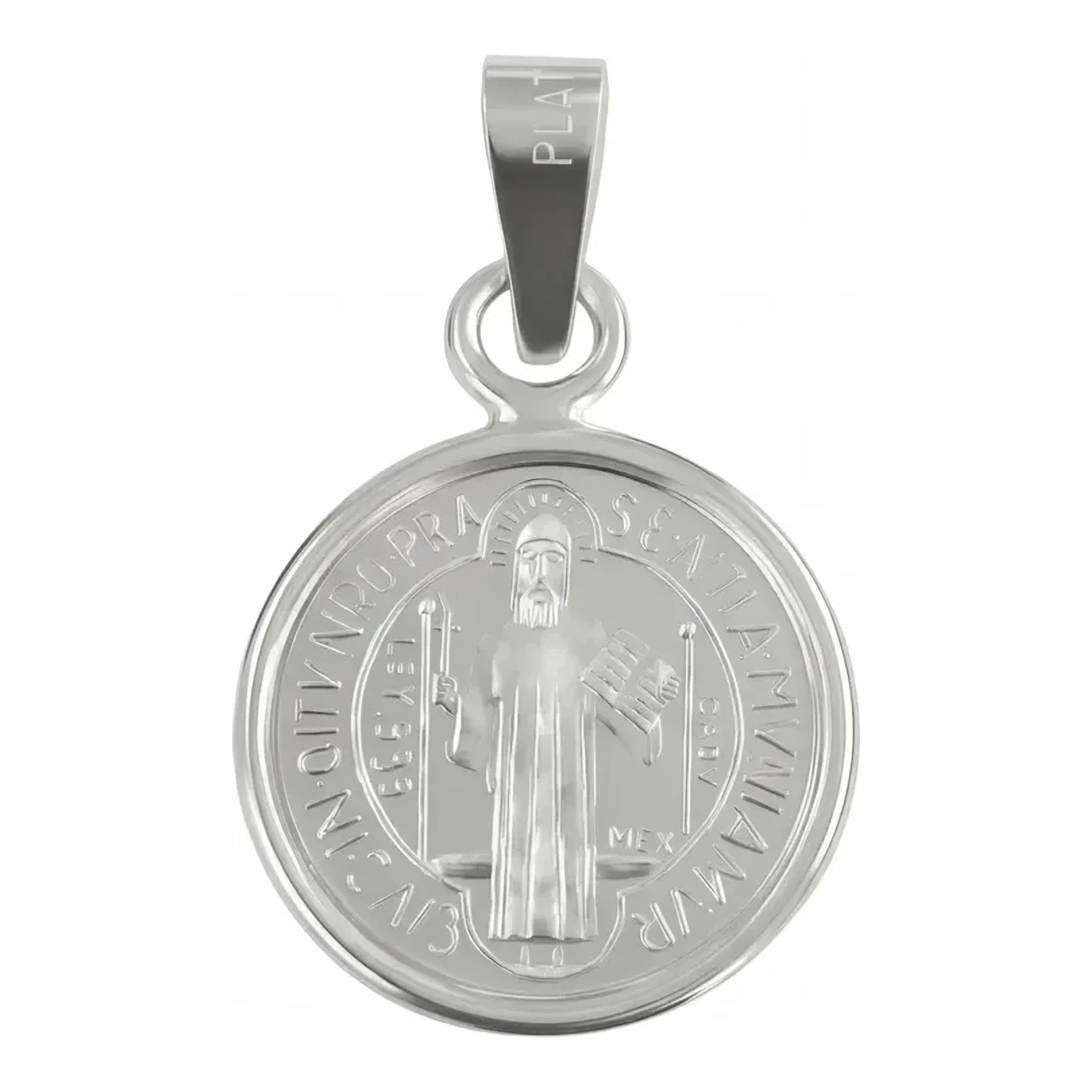 Dije medalla de San Benito plata pura 999 nacional, amuleto proteccion con acabado espejo pulido brillante y broche perico