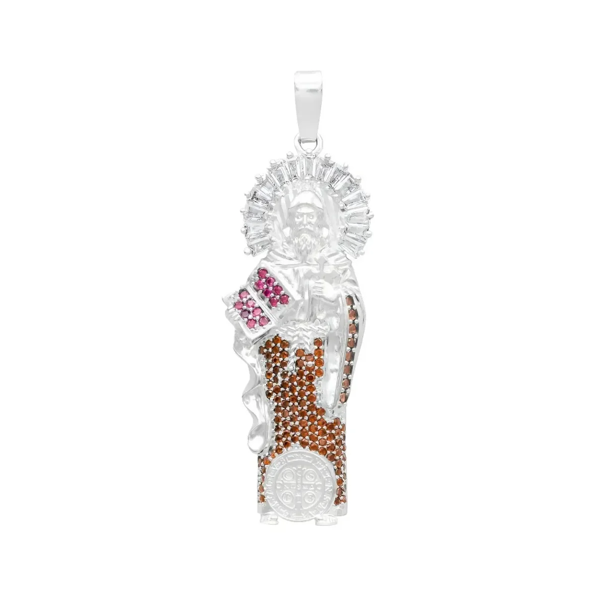 Dije Medalla San Benito Plata .925 con Zirconia Café, joyería católica moderna, protección espiritual, diseño chunky y elegan