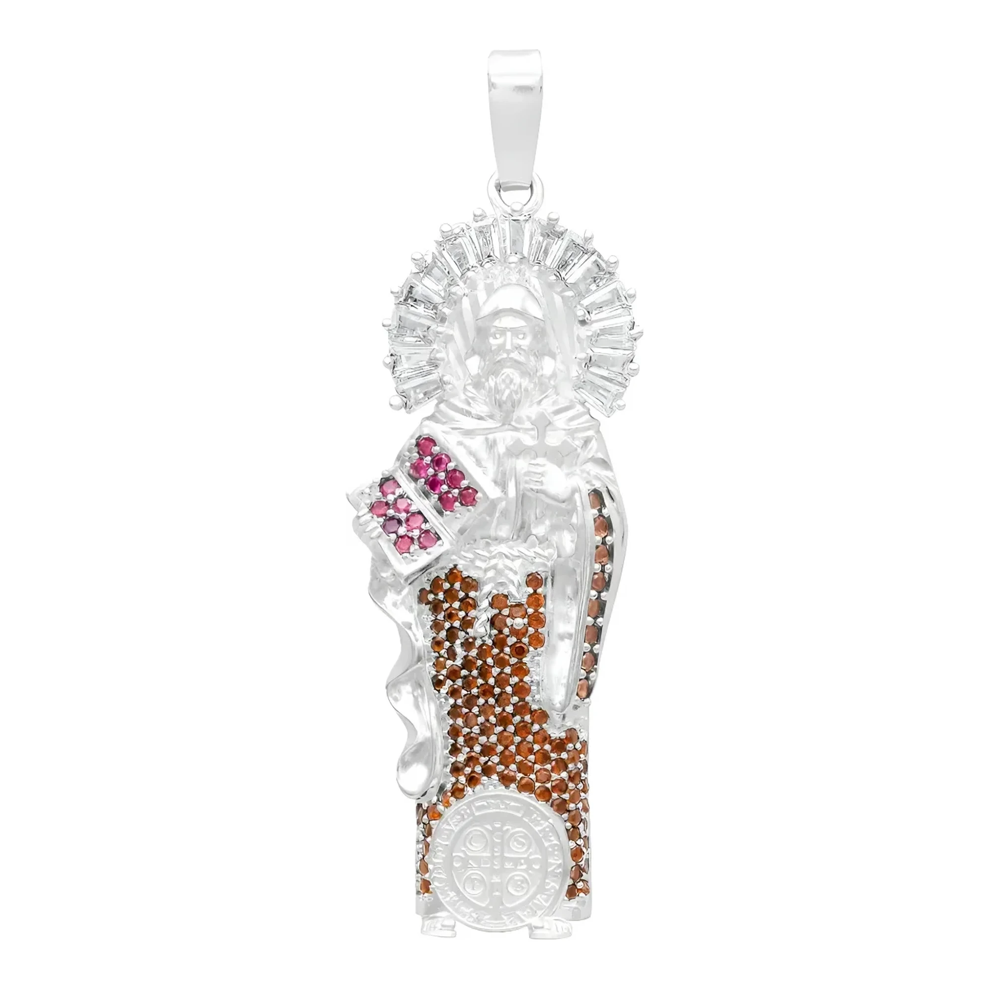 Dije medalla de San Benito plata 925 con zirconia café, acabado grabado, joyería religiosa mexicana con broche perico