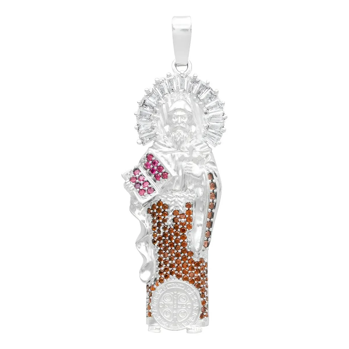 Dije Medalla San Benito Plata .925 con Zirconia Café, joya artesanal mexicana de protección espiritual, diseño chunky y moder