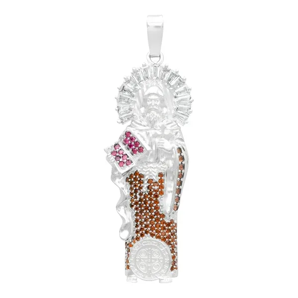Dije Medalla San Benito Plata 925 con Zirconia Café - Imagen 1