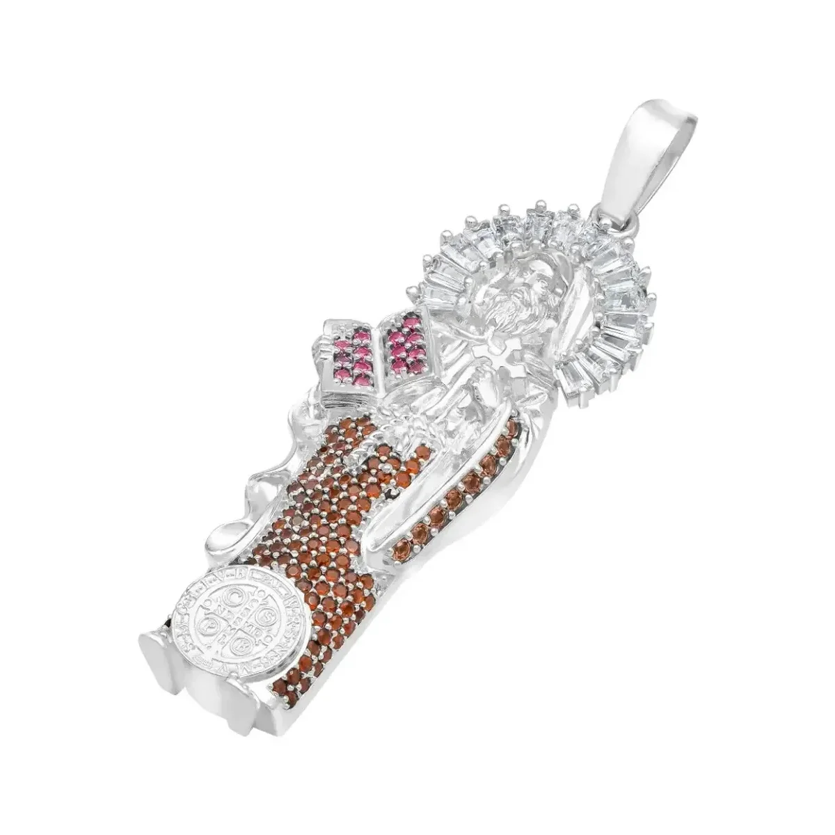 Dije Medalla San Benito Plata 925 con Zirconia Café - Imagen 4