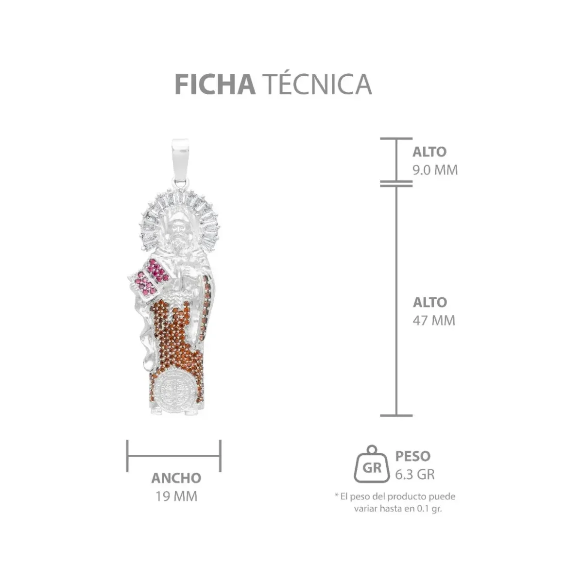 Dije Medalla San Benito Plata 925 con Zirconia Café - Imagen 7