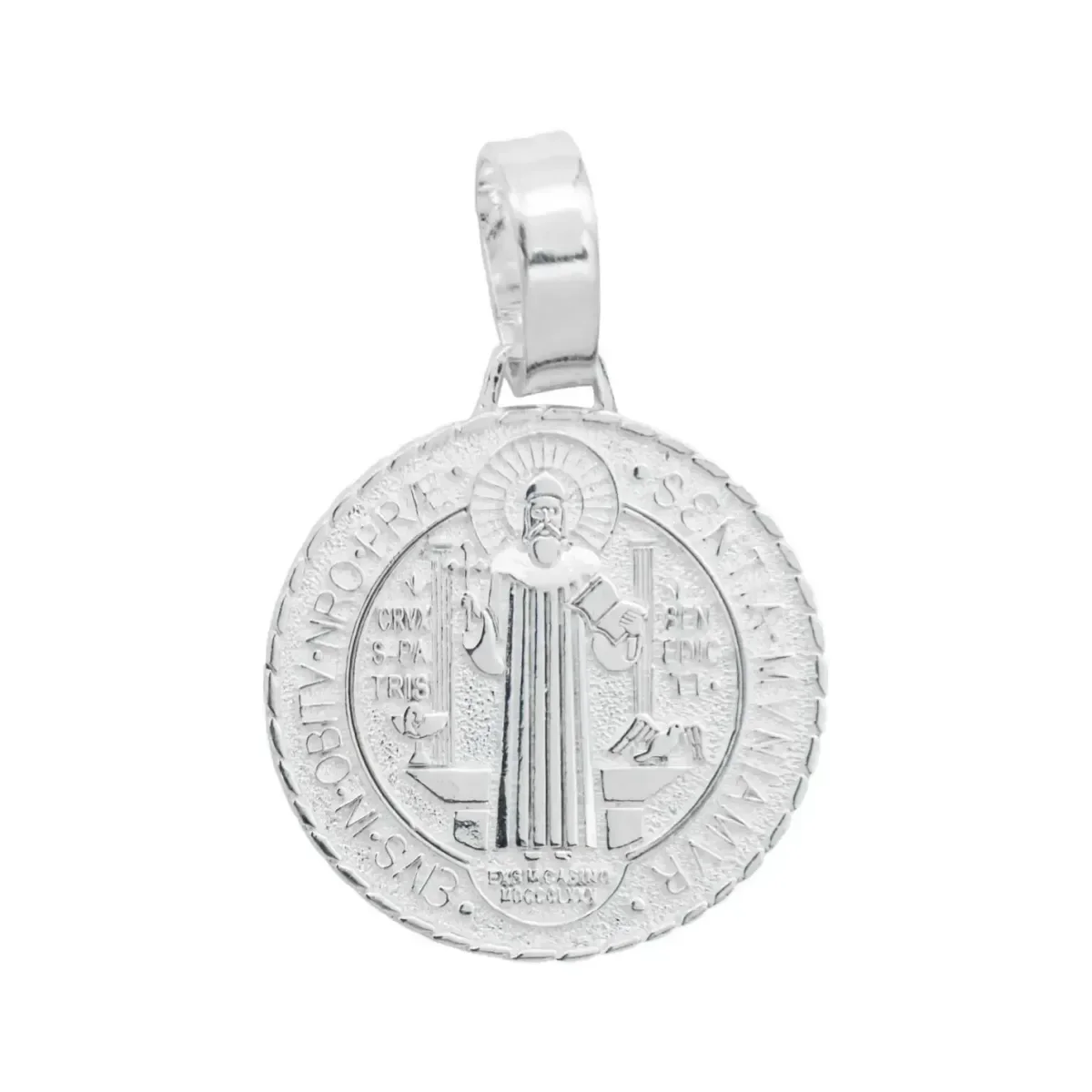 Dije Medalla San Benito Plata .925 diamantada grande, joyería religiosa plata certificada, colgante amuleto de protección.