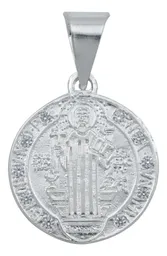 Dije Medalla San Benito Plata 925 Doble Vista con Zirconia - Imagen 1
