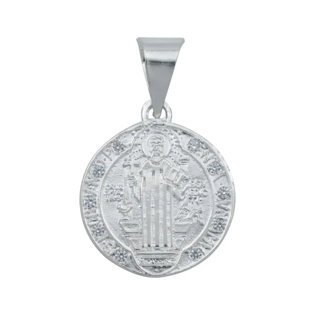 Collar Medalla San Benito Plata 925 doble vista, diseño religioso con zirconia brillante. Dije de protección para mujer.