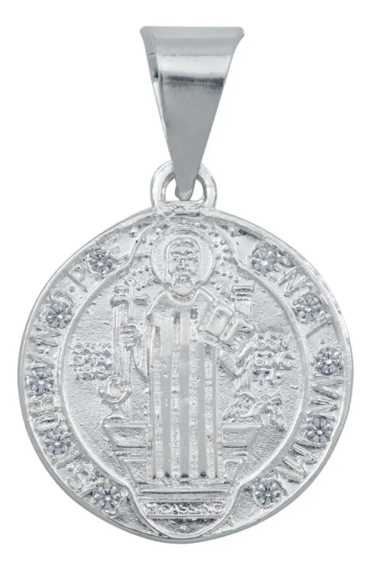 Dije Medalla San Benito Plata 925 doble vista, diseño religioso con zirconia brillante. Colgante de protección para mujer.