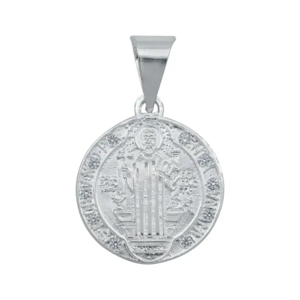Dije Medalla San Benito Plata 925 Doble Vista con Zirconia - Imagen 1