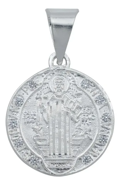 Dije Medalla San Benito Plata 925 Doble Vista con Zirconia - Imagen 1