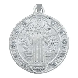 Dije Medalla San Benito Plata 925 Doble Vista con Zirconia - Imagen 2