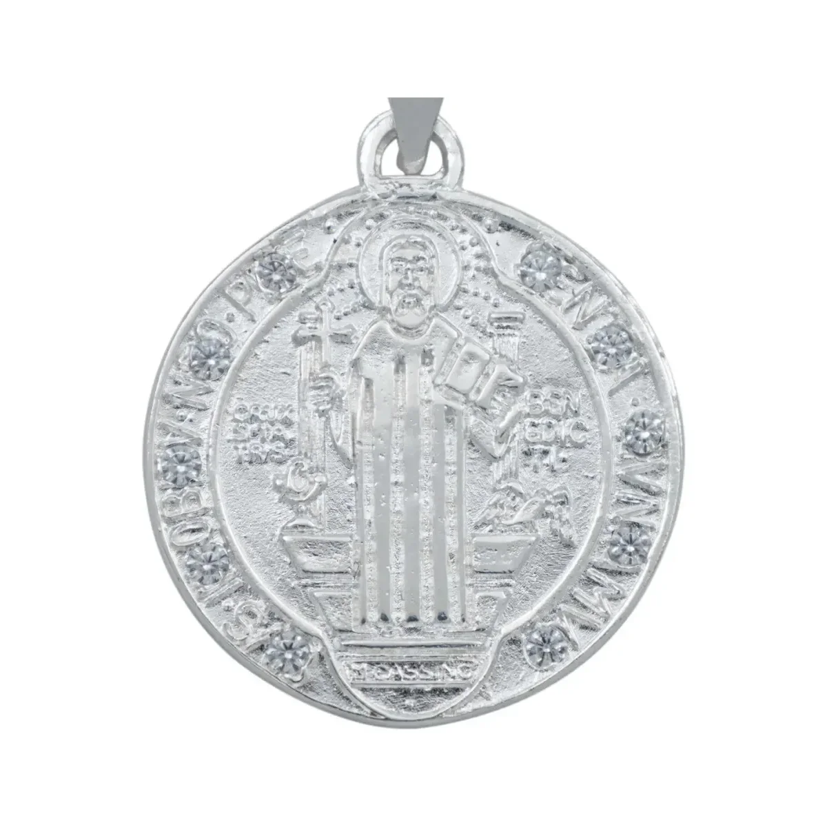 Dije Medalla San Benito Plata 925 Doble Vista con Zirconia - Imagen 2