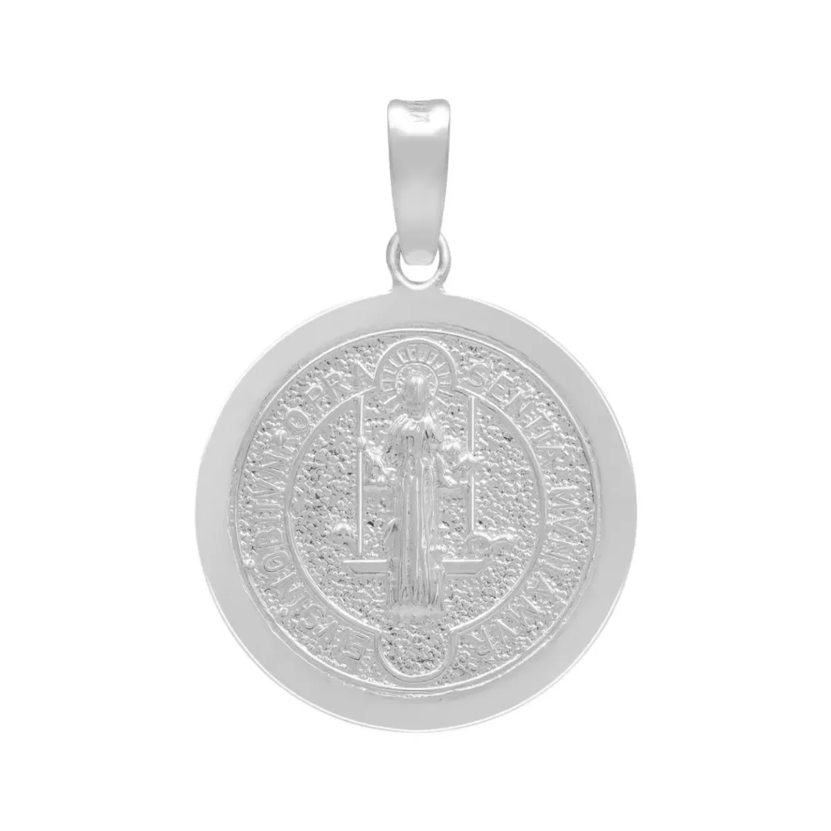 Dije Medalla San Benito Plata .925 pulida, doble vista con Cruz. Colgante de plata ley .925, joyería de fe con significado y